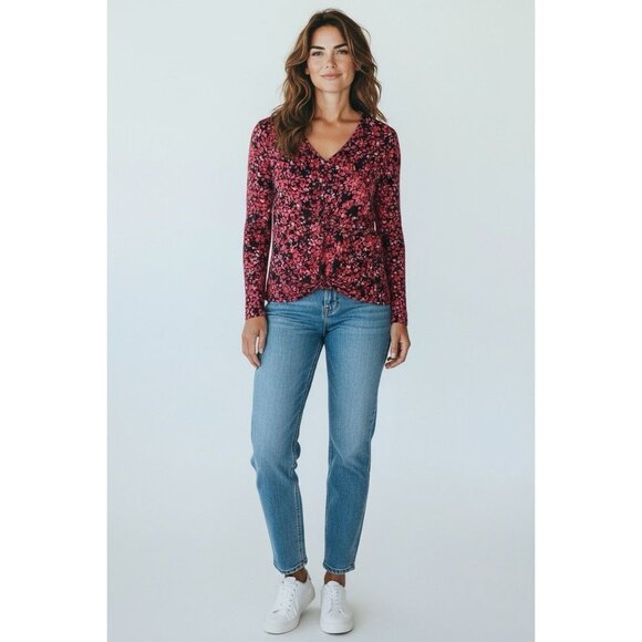 Adrienne Vittadini Floral Tie Front Blouse Top Small Red Pink Black Fall - Picture 2 of 5